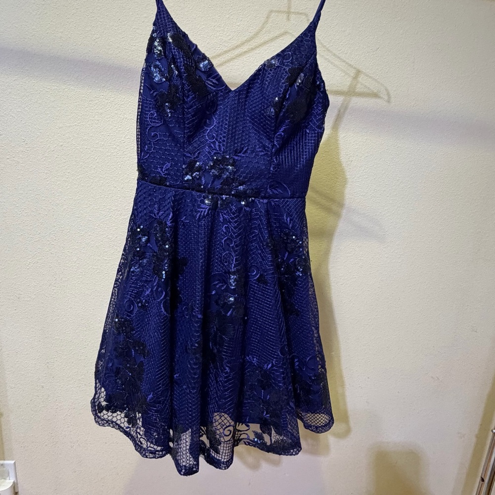 City Studio Deep Blue Dress with Black Sequin and Lace Overlay - Picture 3 of 7
